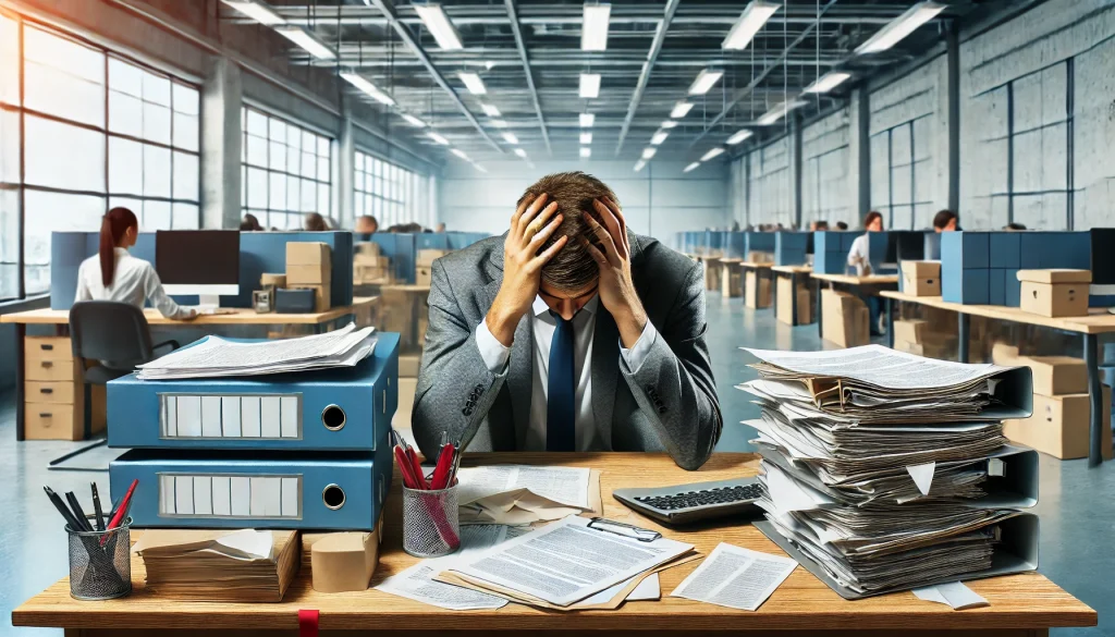 mental health occupational injury in the workplace. The scene features a worker in an office setting, visibly s