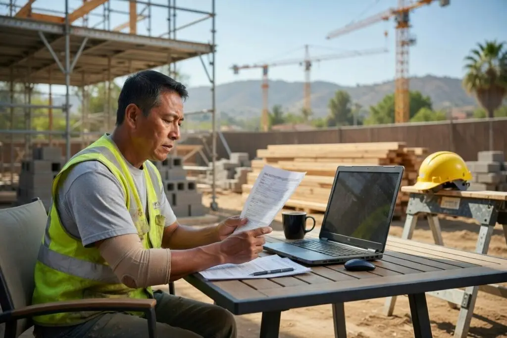 Middle-aged construction worker reviewing workers compensation claim documents and laptop at outdoor construction site in California