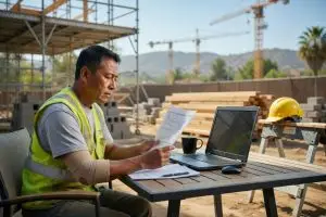 Un obrero de la construcción de mediana edad revisa los documentos de una reclamación de indemnización laboral y su computadora portátil en una obra al aire libre en California