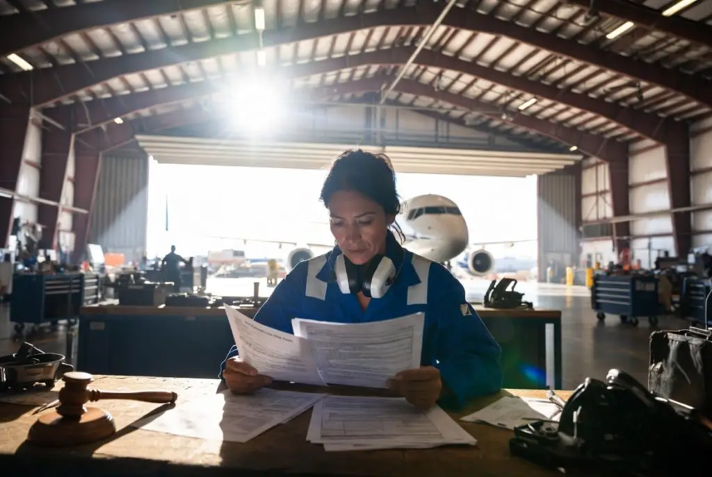 alt="Female aircraft mechanic reviewing third party claim and workers compensation documents in airplane hangar after work injury in California"