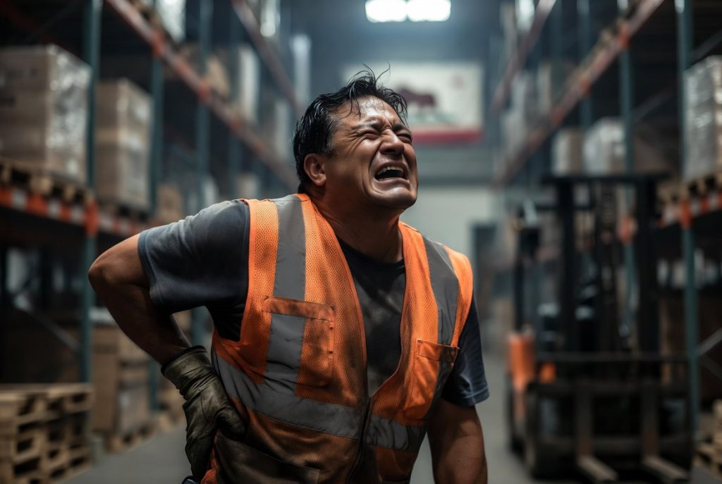 Hyperrealistic image of a California warehouse worker experiencing lower back injury pain while lifting heavy boxes on the job, workers compensation concept