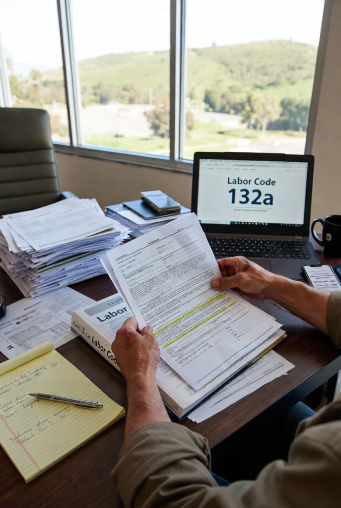 Close-up of calloused hands reviewing workers’ compensation forms, Labor Code 132a book, and retaliation claim paperwork with lagunalawfirm.com visible on laptop – representing protection for injured workers in Southern California