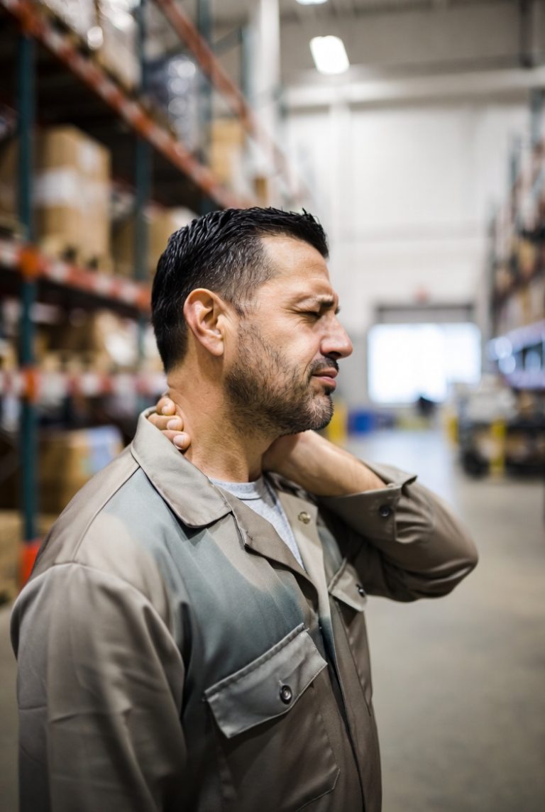 Injured warehouse worker holding his neck in pain from a work-related cervical spine injury in California — workers compensation help