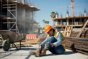 Photo of injured female construction worker sitting on ground at California construction site clutching her ankle in pain after a workplace accident, emphasizing the importance of reporting a work injury immediately
