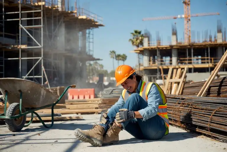 Photo of injured female construction worker sitting on ground at California construction site clutching her ankle in pain after a workplace accident, emphasizing the importance of reporting a work injury immediately