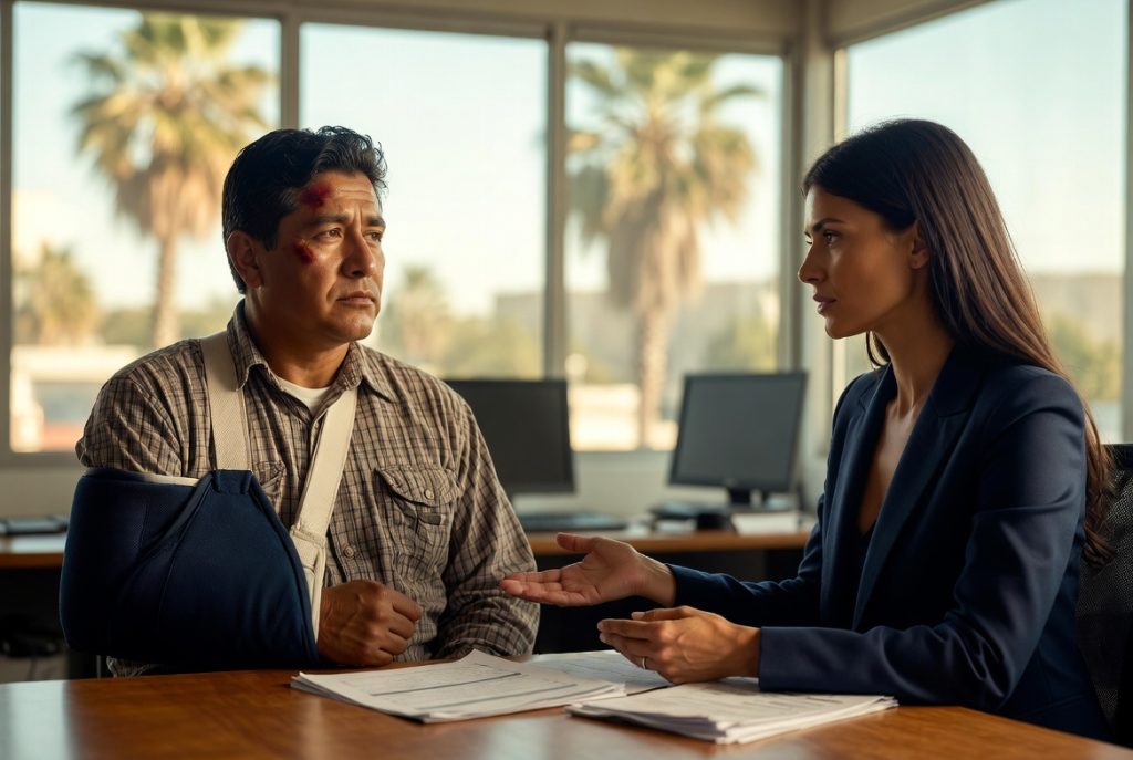 Injured California worker consulting with experienced workers compensation lawyer at Laguna Law Firm in Anaheim office