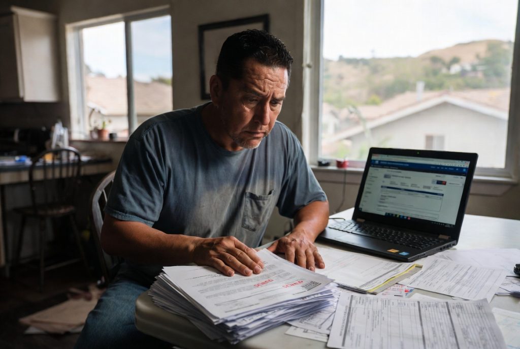 Stressed California worker reviewing denied workers compensation claim documents at his kitchen table, highlighting common mistakes that lead to denied workers’ comp claims in California