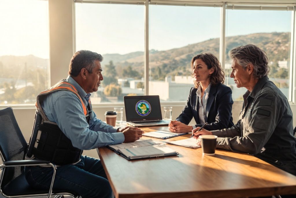 photo of a concerned injured worker speaking with a compassionate California workers’ compensation attorney in a modern office, with a supportive coworker witness sitting nearby providing a statement, documents and medical records on the table, warm natural lighting, professional and trustworthy atmosphere