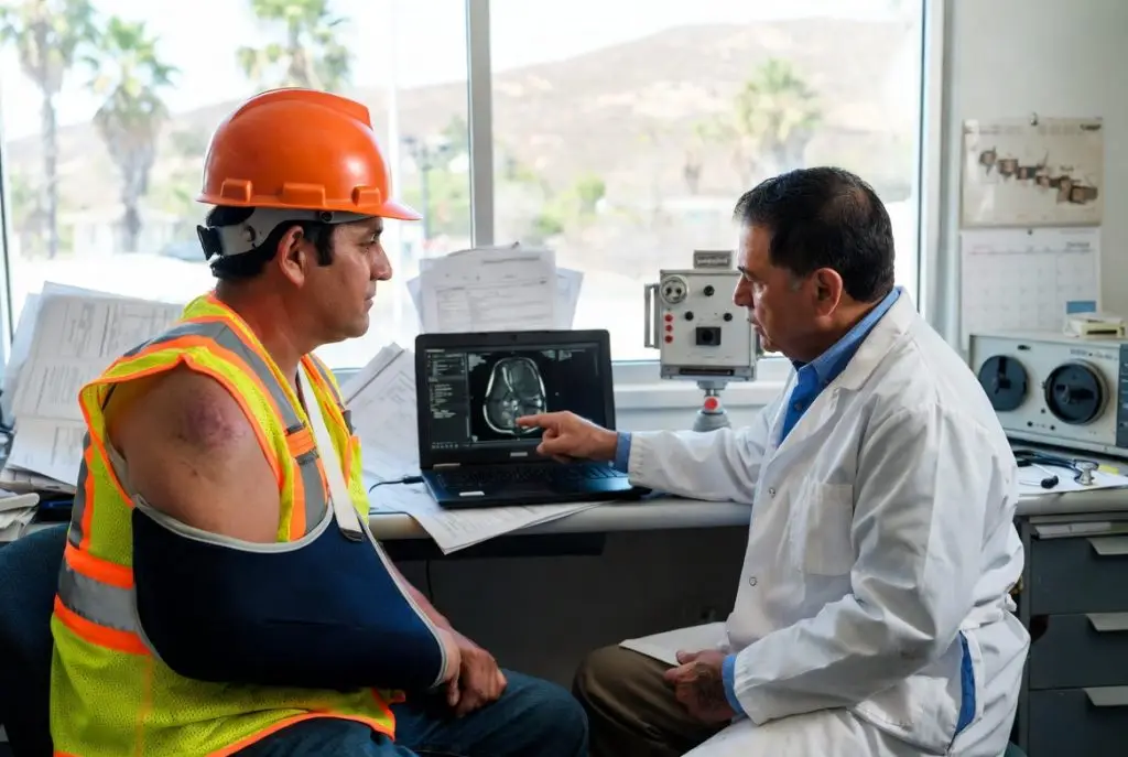 Injured construction worker consulting with doctor about shoulder injury in California clinic discussing March 2026 physician fee schedule changes and workers compensation medical care