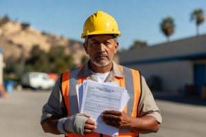 Understanding Employer Retaliation Protections in California Workers’ Compensation Claims – Empowered injured warehouse worker holding legal documents in Mission Viejo, California | Laguna Law Firm