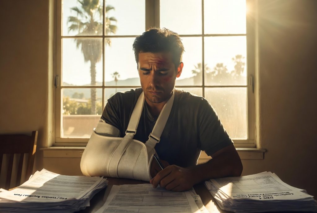 ¿Tengo que usar tiempo libre pagado (PTO) por una lesión laboral en California? Trabajador lesionado revisando documentos de reclamo de compensación para trabajadores en lugar de usar tiempo de vacaciones - Laguna Law Firm