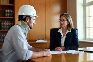 California workers compensation attorney consulting with injured construction worker about settlement options in Orange County law office