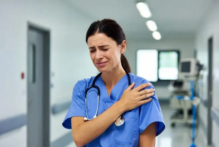 Healthcare worker experiencing lower back pain after lifting heavy materials on a California job site - common workplace injury