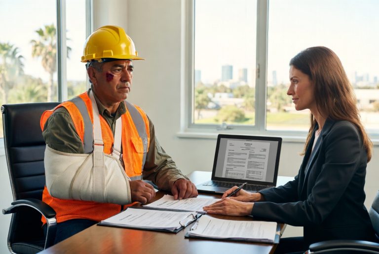 Elements required for a personal injury claim in California - injured construction worker consulting with experienced attorney at Laguna Law Firm in Orange County