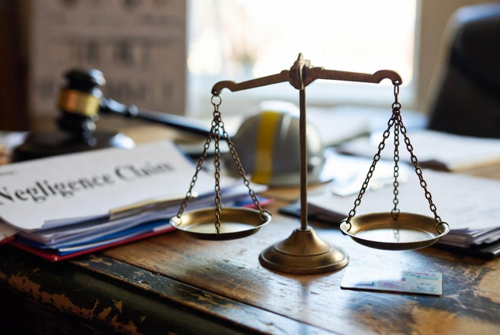 Scales of justice on desk with California personal injury negligence claim documents in law office