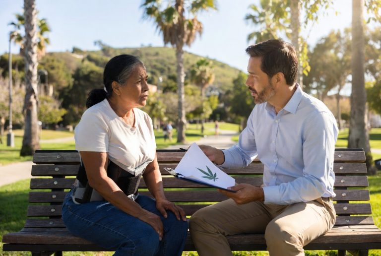 Injured female warehouse worker with back brace discussing workers compensation claim and marijuana use concerns with lawyer on sunny California park bench