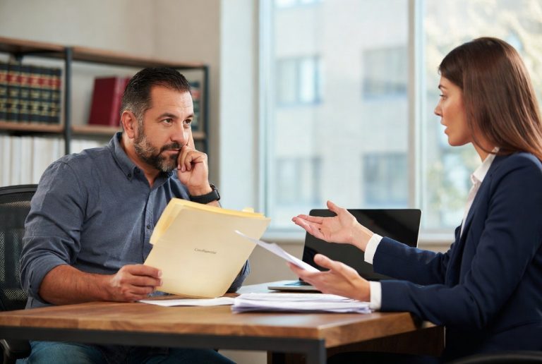 Middle-aged injured California worker reviewing confidential medical file folder with workers compensation attorney in professional office protecting personal medical privacy under recent WCAB rulings