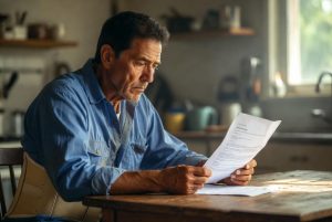 Injured California worker sitting at kitchen table reviewing a workers compensation claim denial letter while wearing a back brace