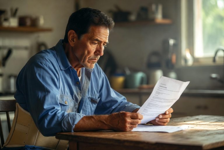 Injured California worker sitting at kitchen table reviewing a workers compensation claim denial letter while wearing a back brace