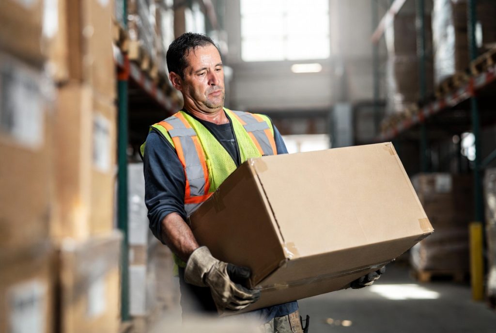 Un trabajador de un almacén de California utiliza la técnica adecuada para levantar cargas a fin de prevenir lesiones por esfuerzo excesivo y distensiones lumbares, una de las reclamaciones más comunes de indemnización laboral en los Estados Unidos