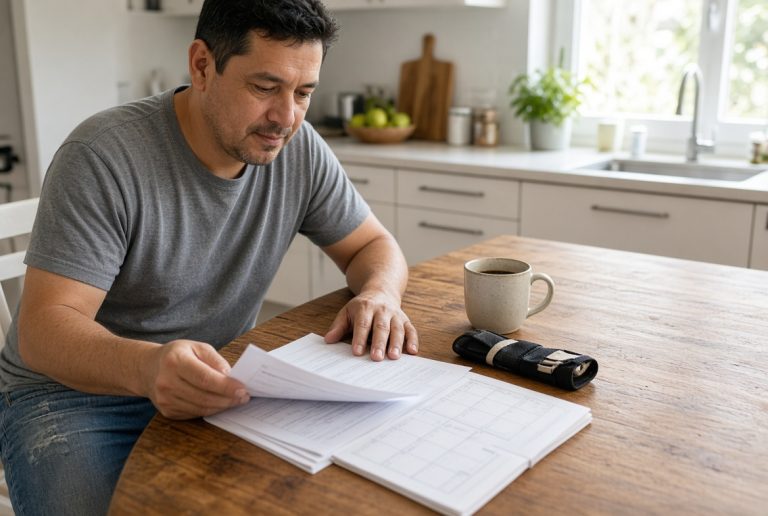 California injured worker reviewing workers compensation benefit timeline documents at home table