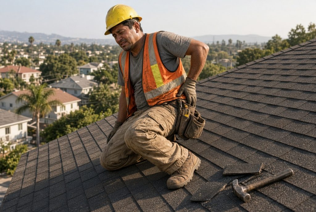 Photorealistic image of a middle-aged male roofer in work clothes and safety vest kneeling on a steep residential asphalt shingle roof under bright California sunlight, holding his lower back with one hand after a strain, with tools and materials nearby, natural lighting and authentic detail illustrating common roofing workplace injuries eligible for workers compensation benefits.