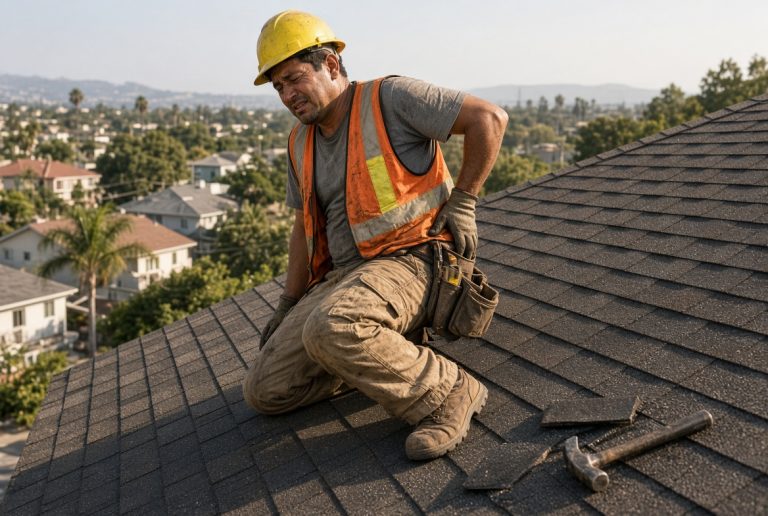 Photorealistic image of a middle-aged male roofer in work clothes and safety vest kneeling on a steep residential asphalt shingle roof under bright California sunlight, holding his lower back with one hand after a strain, with tools and materials nearby, natural lighting and authentic detail illustrating common roofing workplace injuries eligible for workers compensation benefits.