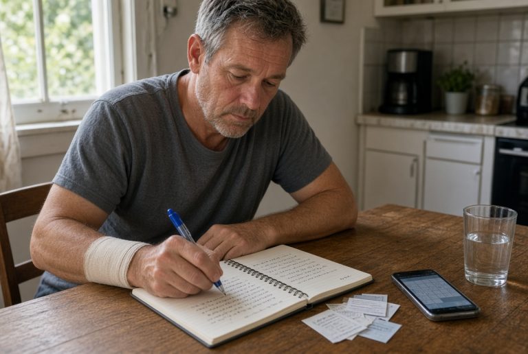 California worker writing detailed notes in a journal about workplace injury symptoms for a workers compensation claim