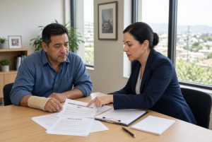 Injured construction worker meeting with California workers compensation attorney to review claim documents in bright modern office