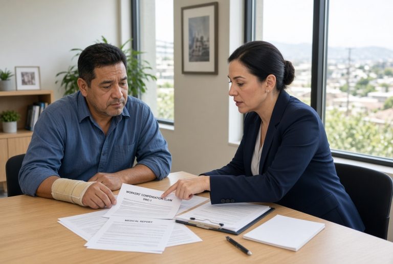 Injured construction worker meeting with California workers compensation attorney to review claim documents in bright modern office