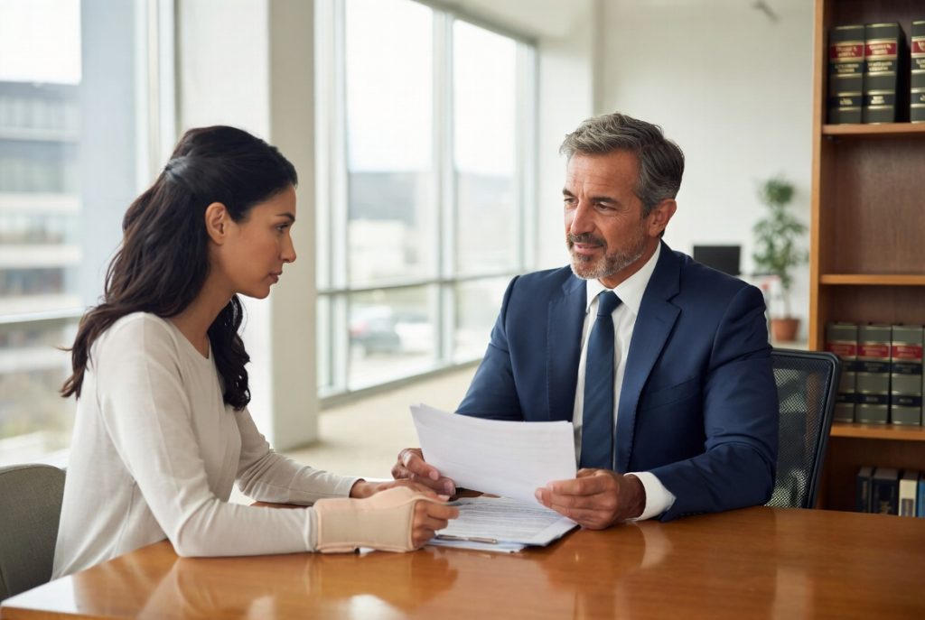 Professional Laguna Law Firm attorney meeting with injured California worker in modern office to discuss workers compensation claim support and benefits