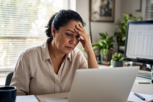 Stressed California office worker sitting at desk with head in hands under natural window light, illustrating work-related psychiatric injury and workers compensation claim for anxiety or depression