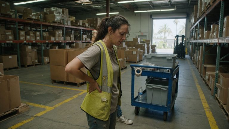 Tired warehouse worker in a California fulfillment center holding her lower back