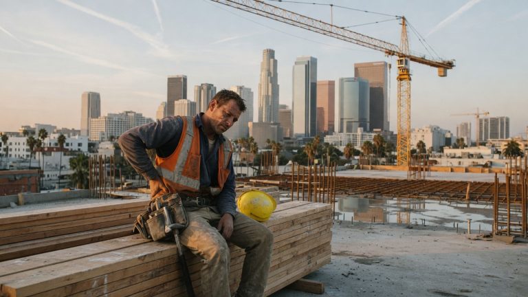Injured construction worker sitting on lumber at a Los Angeles high-rise jobsite, holding his lower back, with a tower crane and the downtown skyline behind him.