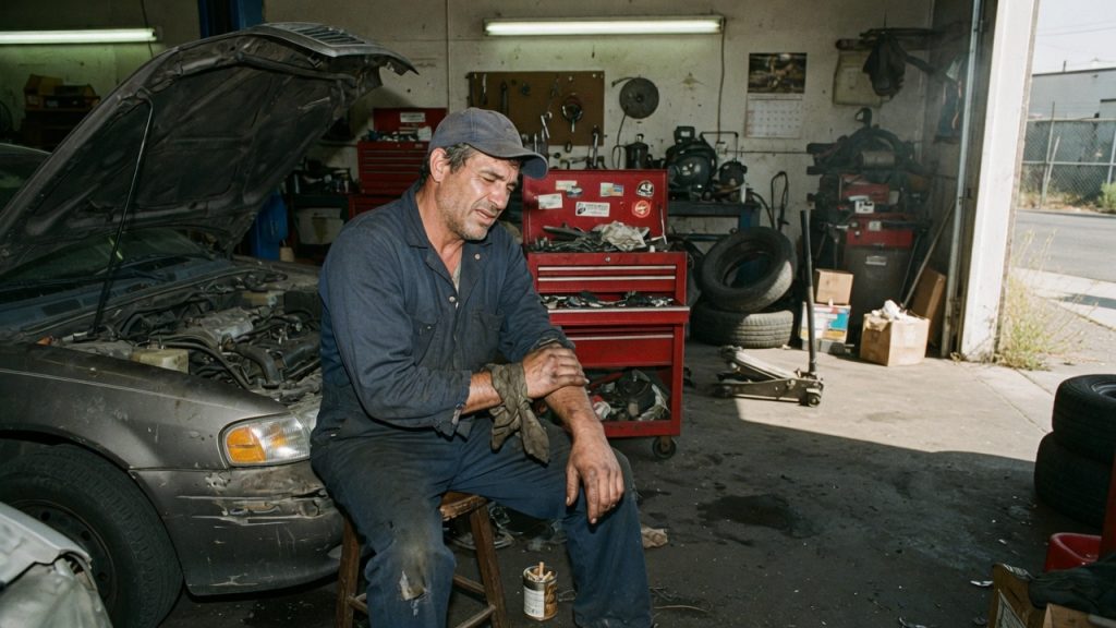 Tired auto mechanic sitting on a stool in a California independent shop, holding his wrist beside an open car hood and a rolling toolbox.