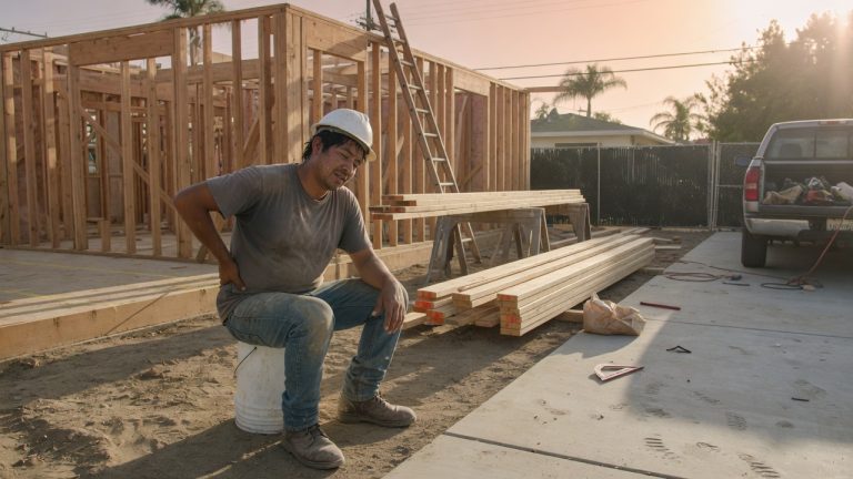 Construction worker sitting on a bucket at a Southern California framing site, holding his lower back after a job injury, with lumber and unfinished wood walls behind him.