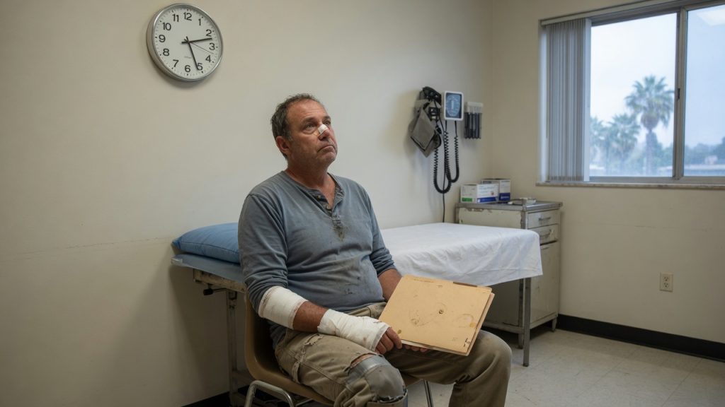 Injured California worker sitting in a medical exam room with a folder on his lap, waiting for a workers' compensation QME appointment.