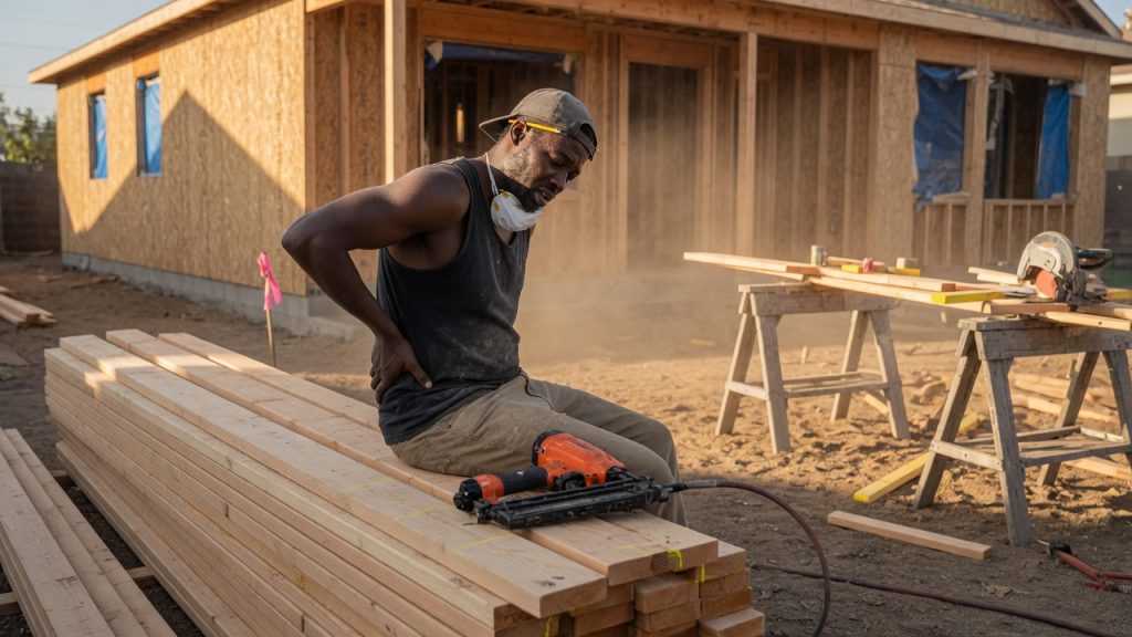 Carpenter sitting on a stack of framing lumber at a Southern California job site, holding his lower back, with a nail gun and sawhorses nearby.