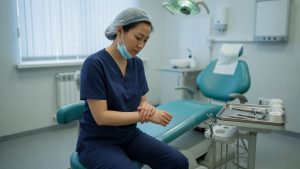 Dental assistant sitting on a stool in a California dental operatory, holding her wrist, with the dental chair and instrument tray behind her.