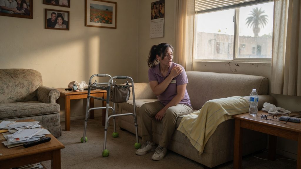 Home caregiver sitting on a couch in a California living room, holding her shoulder, with a walker beside her after a shift.