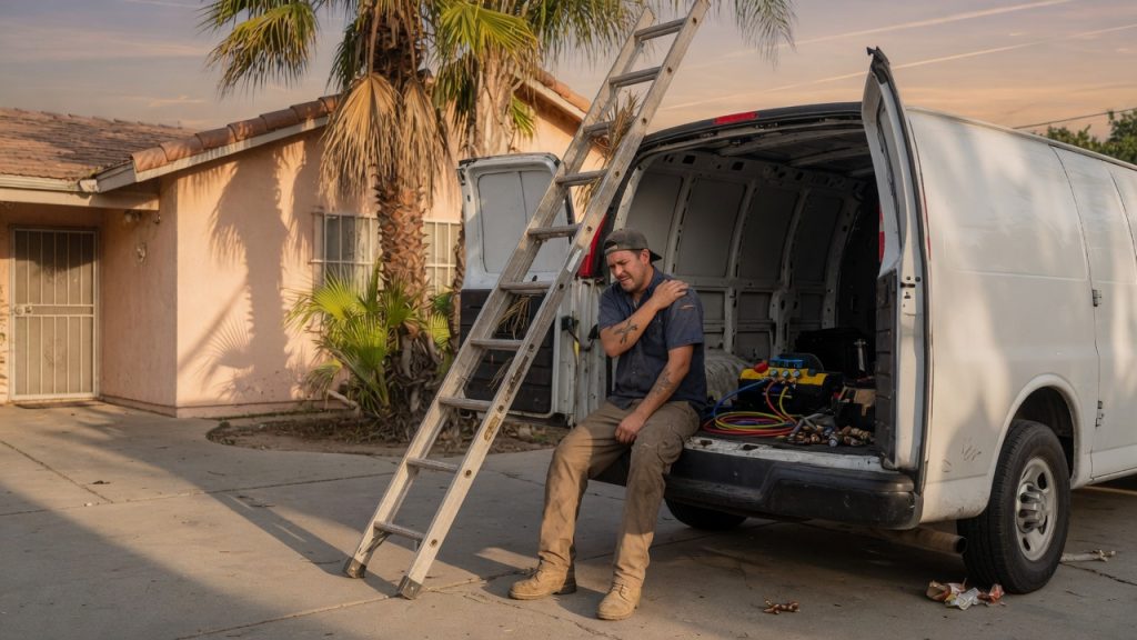 HVAC technician sitting on the back of a work van at a California house, holding his shoulder, with a ladder and gauges beside him.