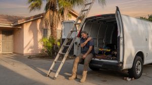Un técnico de HVAC sentado en el asiento trasero de un furgón de trabajo en una casa de California, sosteniendo su hombro, con una escalera y unos medidores a su lado.