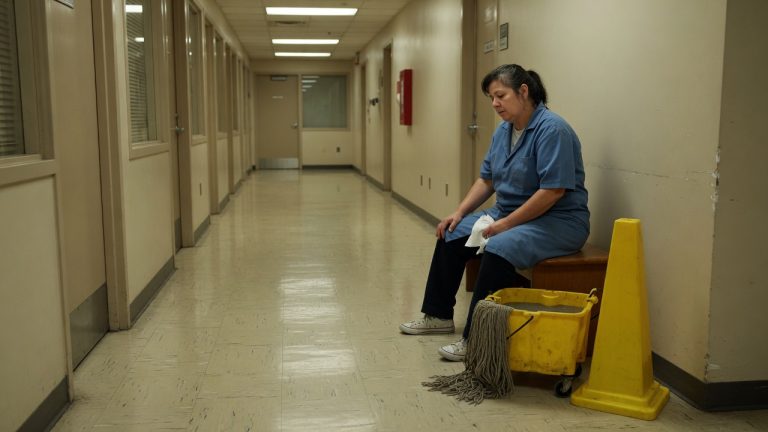 Janitor sitting on a bench in an empty office hallway at night, holding her knee, with a mop bucket and caution cone beside her.