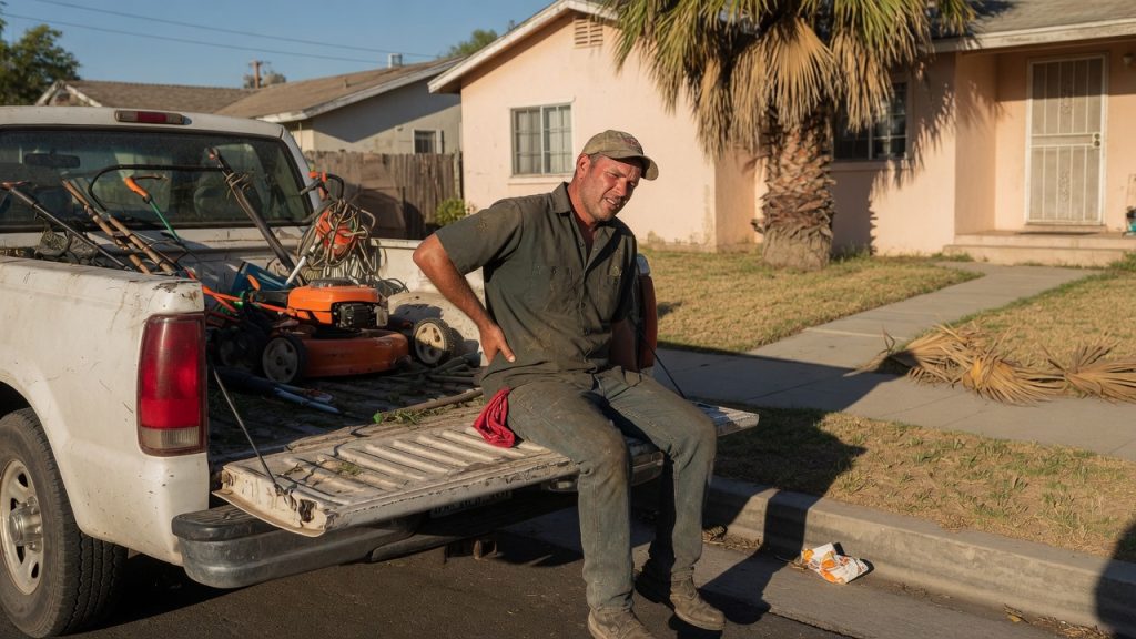 Landscaper sitting on a truck tailgate on a Southern California street, holding his lower back, with a mower and tools in the bed behind him.