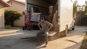 Mover sitting on the ramp of a box truck in a Southern California driveway, holding his lower back, with wrapped furniture and a hand truck behind him.