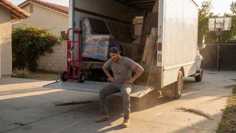 Mover sitting on the ramp of a box truck in a Southern California driveway, holding his lower back, with wrapped furniture and a hand truck behind him.
