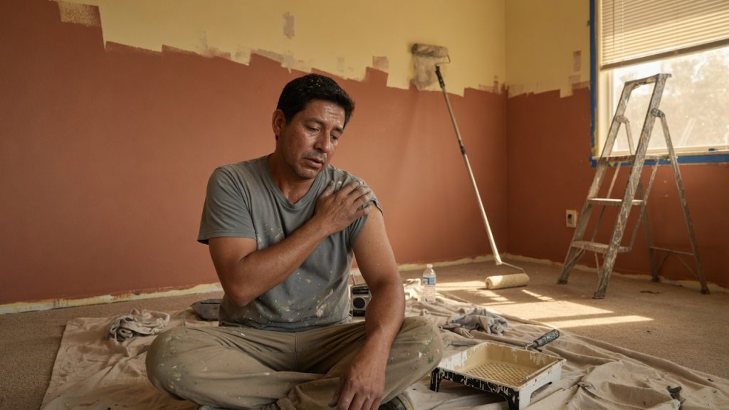 Painter sitting on a drop cloth in a half-painted Southern California living room, holding his shoulder, with a stepladder and roller tray nearby.