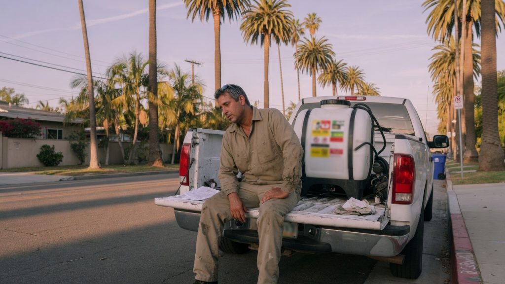 Un técnico de control de plagas sentado en el portón trasero de un camión de servicio en una calle del sur de California, con una mano sobre la rodilla, y un depósito de pulverizador en el maletero.