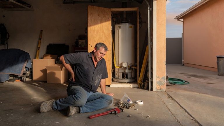 Plumber sitting on a California garage floor beside an open water heater, holding his lower back, with a pipe wrench nearby.
