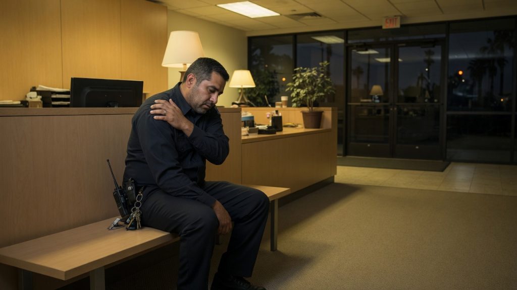 Security guard sitting on a bench in a California office lobby after hours, holding his shoulder, with a radio on his belt.